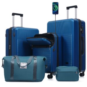 ESCAPE WILD BLUE 5 Piece With Half-opening, Hard side Carry On Suitcase Set With Double Spinner Wheel, Lightweight Travel Luggage With USB Port,TSA Locks