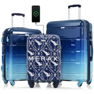 MERAX PRO SWAN Luggage Set of 3, 24" + 28" + 20-inch with USB Port, Airline Certified Carry-on Luggage, ABS+PC Hard Shell
