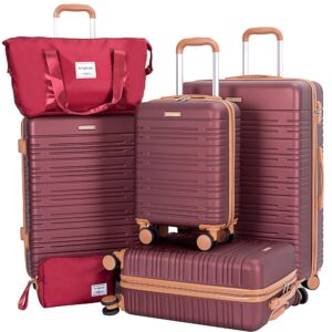 AMALODIE WINE RED 6 Piece Luggage Set, ABS Hard Shell Travel Suitcase With TSA Lock