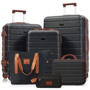 TRAVELPRO MAX 6-Piece Hardside Luggage Set with TSA Lock, 14" 20" 24" 28" Spinner Suitcase Set with Expandable Travel Duffel Bag & Waterproof Toiletry Kit, Adjustable Handle black and brown)