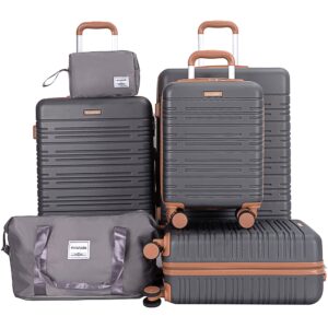 AMALODIE GRAY 6 Piece Luggage Set, ABS Hard Shell Travel Suitcase With TSA Lock