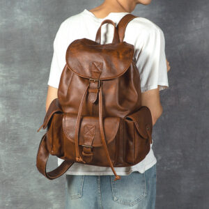 PARKWAY Genuine Leather Retro Backpack, Casual Soft Leather Backpack