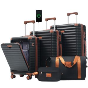 ESCAPE SERIES BROWN 5 Piece With Front Opening , Hard side Suitcases With Spinner Wheels TSA Lock USB Port  Cup Holder Duffel Bag And Toiletry Bag