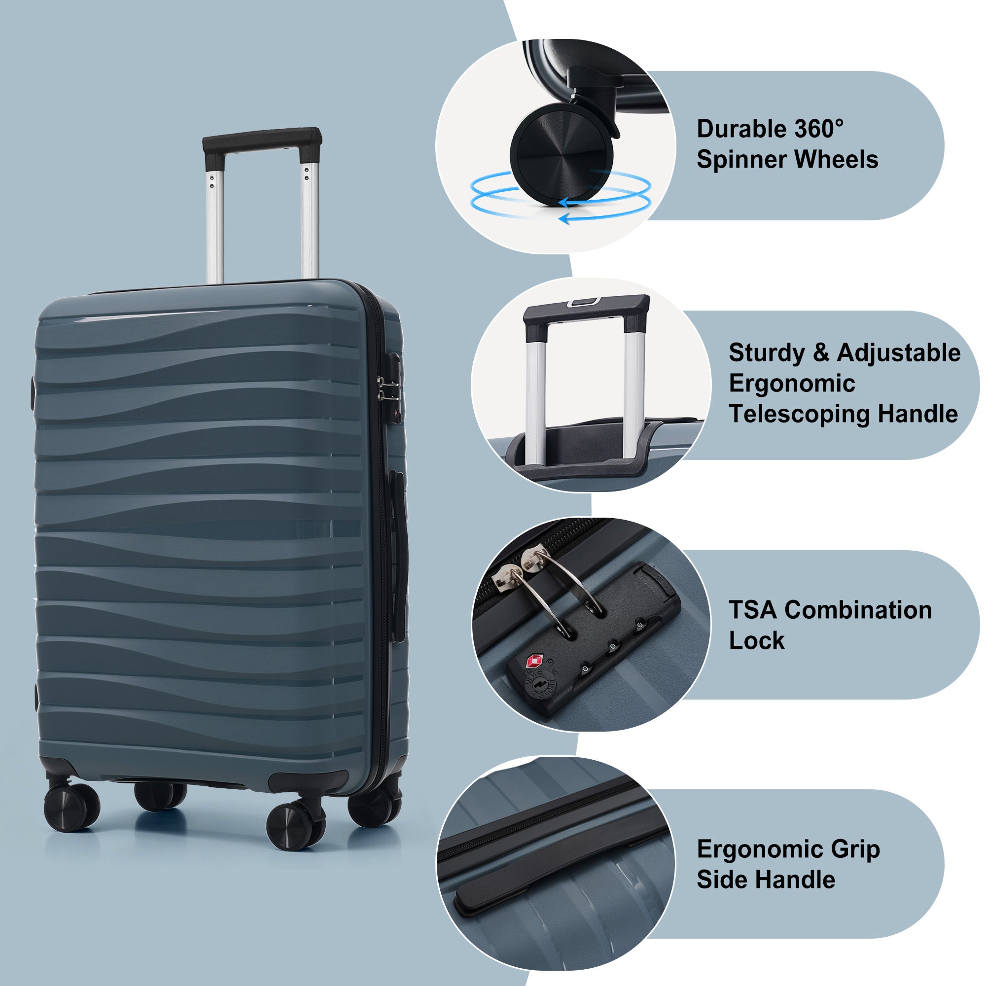 c59936c65d4e42ae816ce1f10f2eb02e.jpg WYNNEFIELD PRO SERIES- GREY BLUE Premium PP Travel Luggage 3-Piece Set 20" 24" and 28" with 360?? Spinner Wheels - Image 4