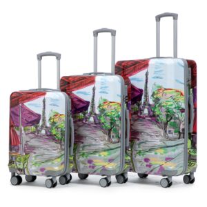 BOUVIER PARIS 20"  24"  28" -  3 Pcs  Set In PC Spinner Wheel Luggage With Printed Pattern And Combination Lock, Iron Tower