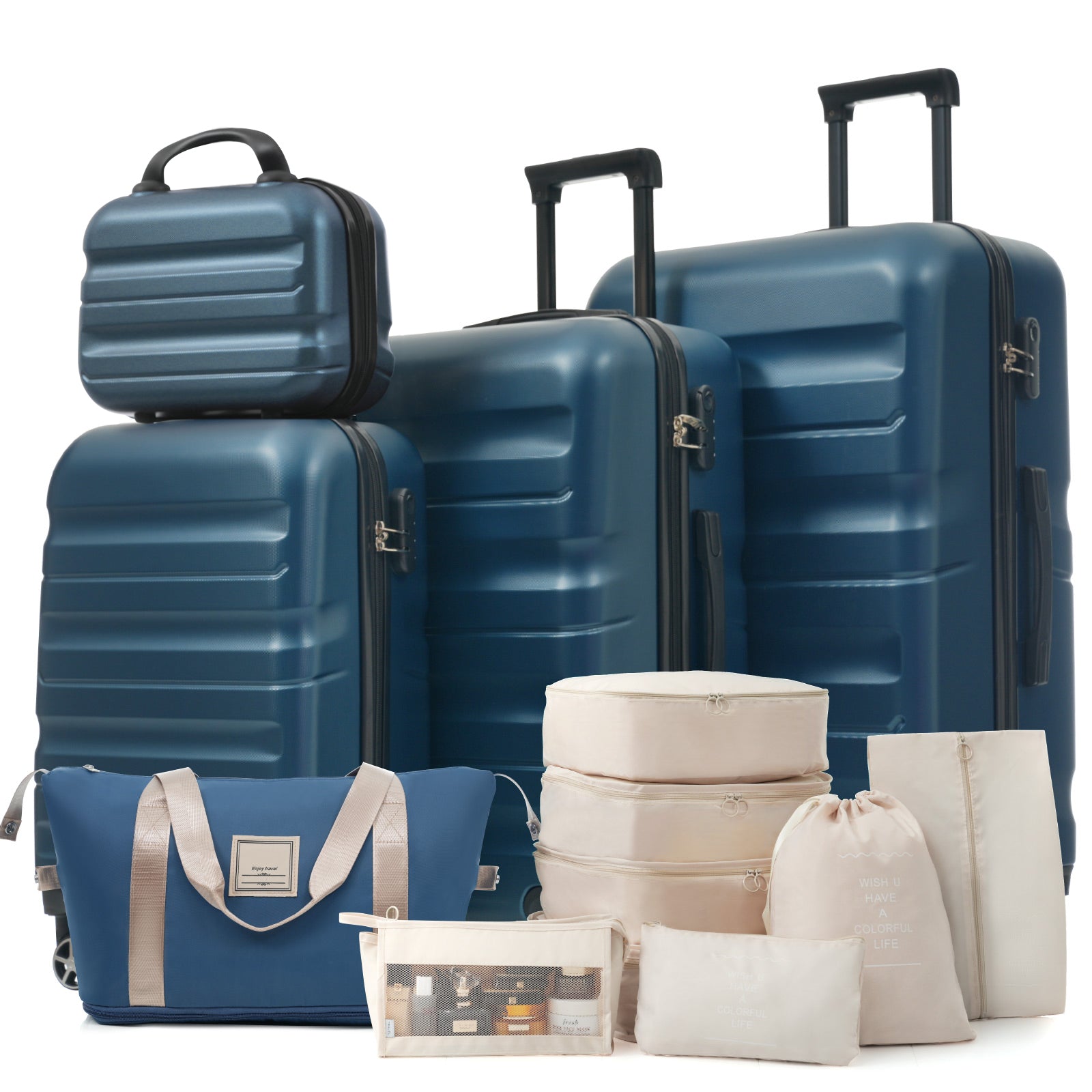 edcda0e0-dafb-44fd-adce-16d78b7b89bd.jpg DESTINATION Hardshell ABS Luggage FULL TRAVEL Set - Lightweight Durable Suitcases 12" 20" 24" 28" With Dual Spinner Wheels, Carry-On & Check-In Sizes;