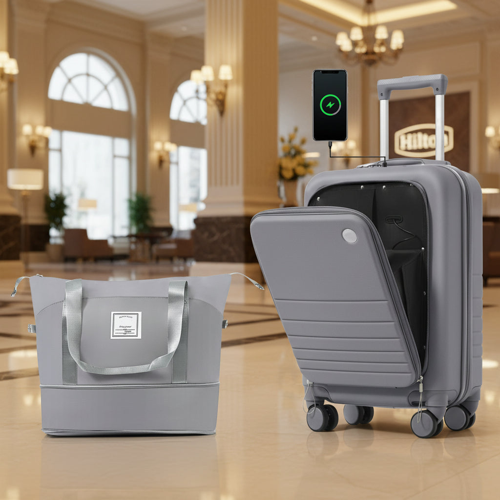 f7259e93c3624530a673fc1c8c0f3157.jpg ELITE ICONIC Front Opening 20-Inch Carry-On Luggage with Expandable Travel Bag, with USB Port , Cup Holder